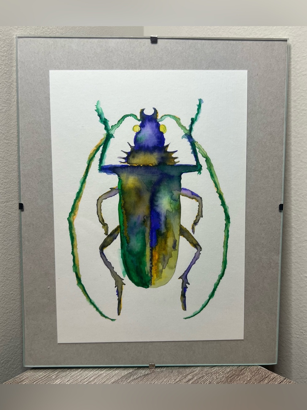 Hand-Painted Watercolor Beetle Art in 10x8 Floating Glass Frame | Modern Nature